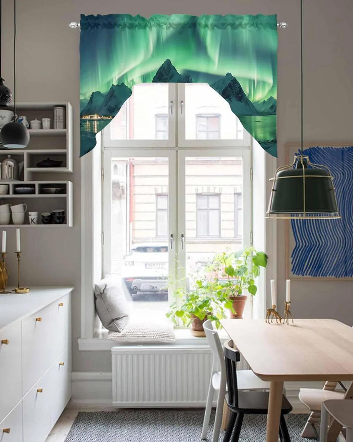 Swag Curtain Valance, Winter Polar Lights Ice Islands Ocean Scenery Light Green Kitchen Curtains Rod Pocket Window Curtain Valances for Bedroom Bathroom 1 Panel 56"x36"