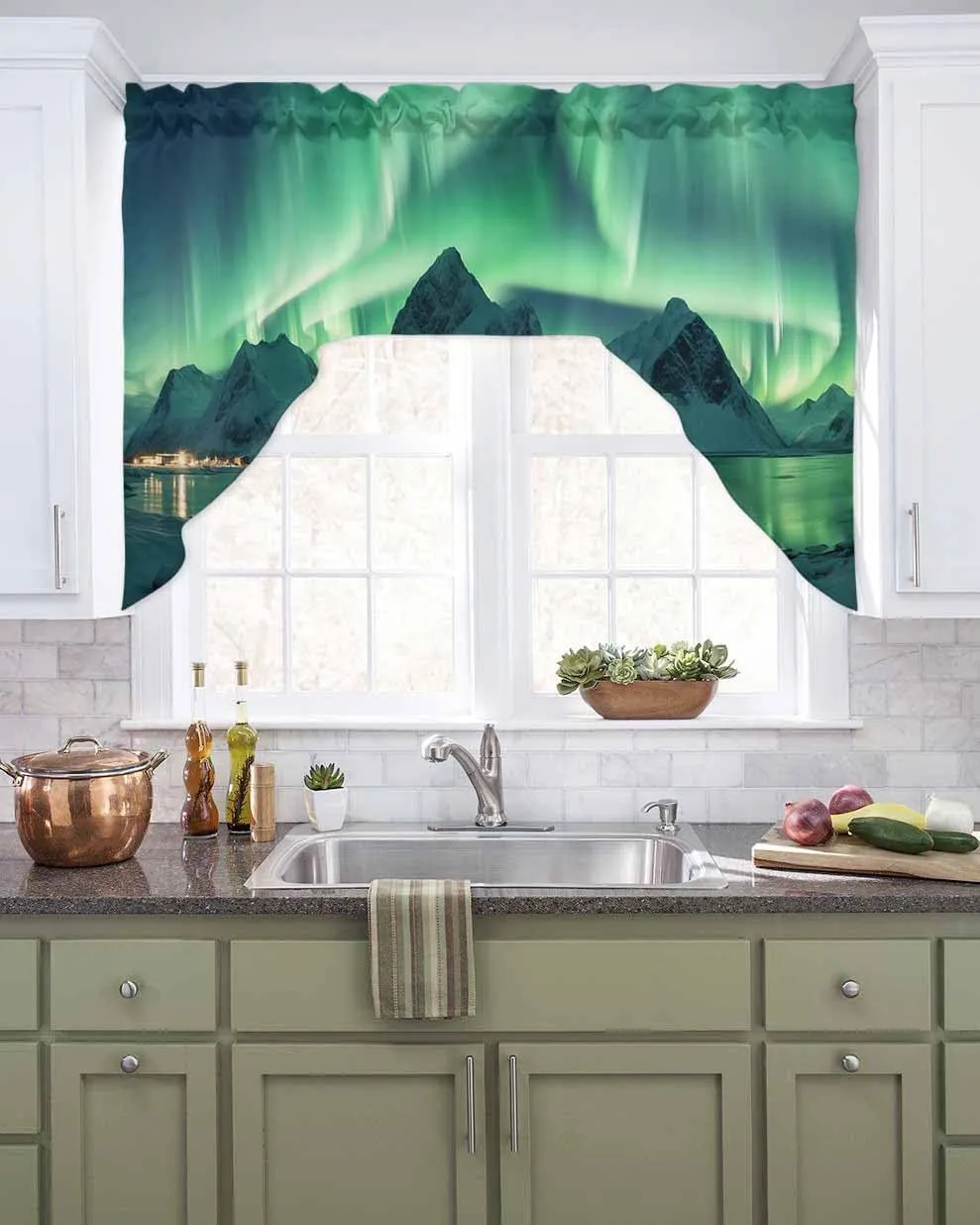 Swag Curtain Valance, Winter Polar Lights Ice Islands Ocean Scenery Light Green Kitchen Curtains Rod Pocket Window Curtain Valances for Bedroom Bathroom 1 Panel 56"x36"