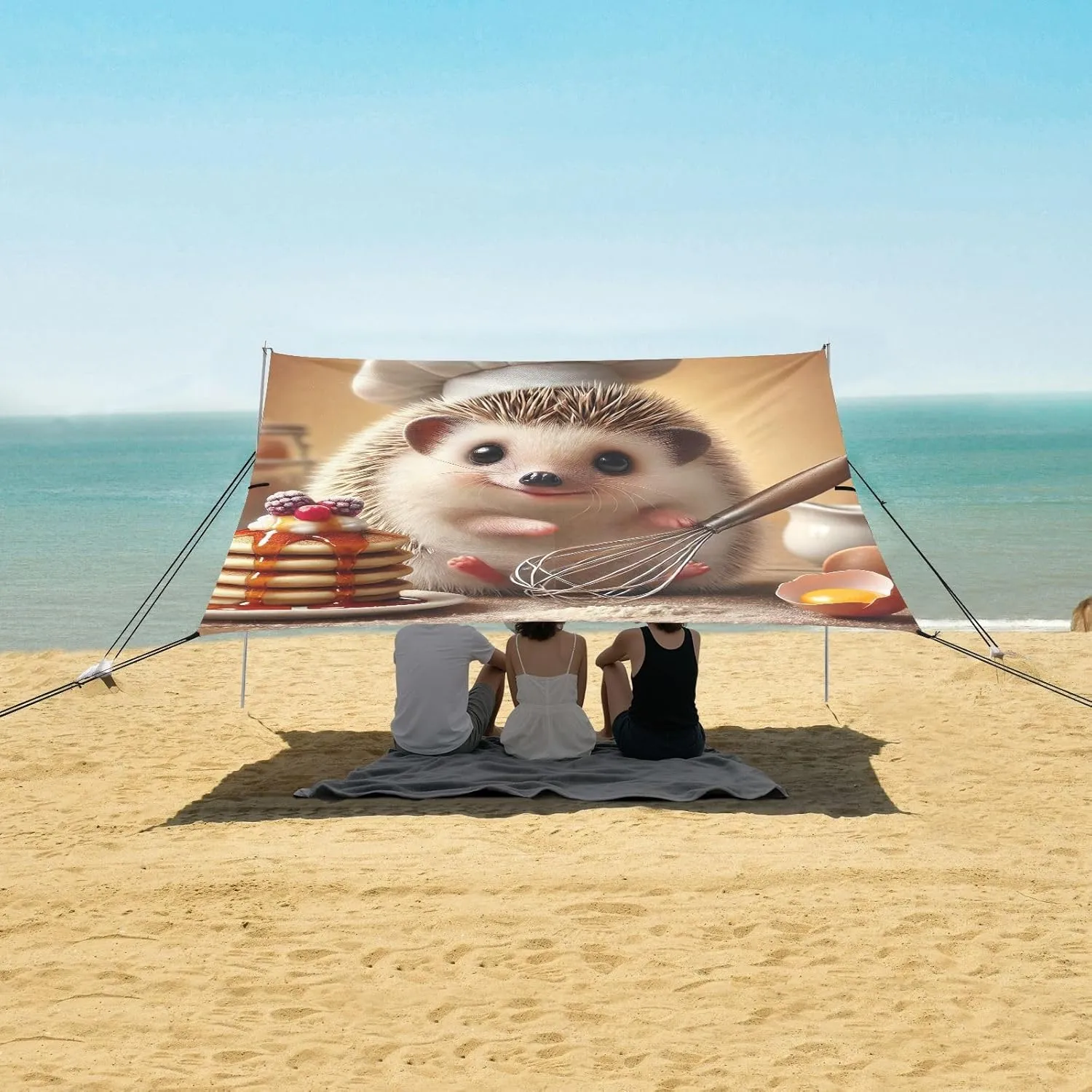 Sweet Hedgehog Baking Time Tent Beach Canopy Outdoor Patio Shade Cute Print Camping Sun Shelter Yard 9.2 × 10.5 FT Canopies with Poles Sandbags Easy