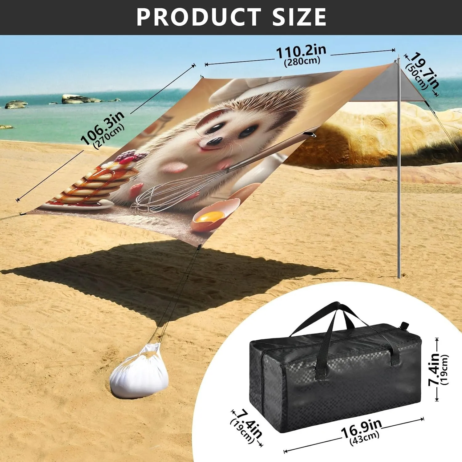 Sweet Hedgehog Baking Time Tent Beach Canopy Outdoor Patio Shade Cute Print Camping Sun Shelter Yard 9.2 × 10.5 FT Canopies with Poles Sandbags Easy