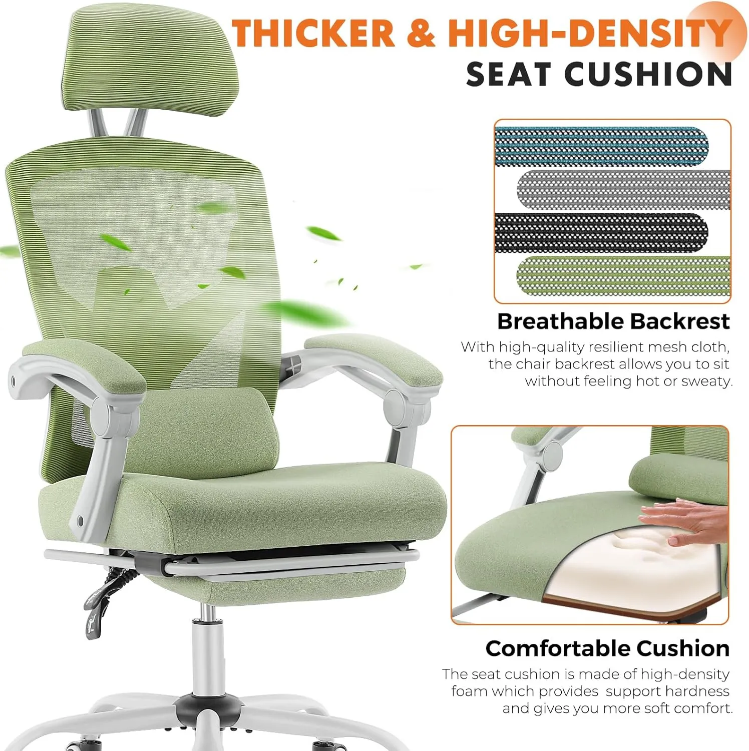 Sweetcrispy Office Computer Desk Chair, Ergonomic High-Back Mesh Rolling Work Swivel Chairs with Wheels, Comfortable Lumbar Support, Comfy Arms for Home, Bedroom, Study, Student, Green