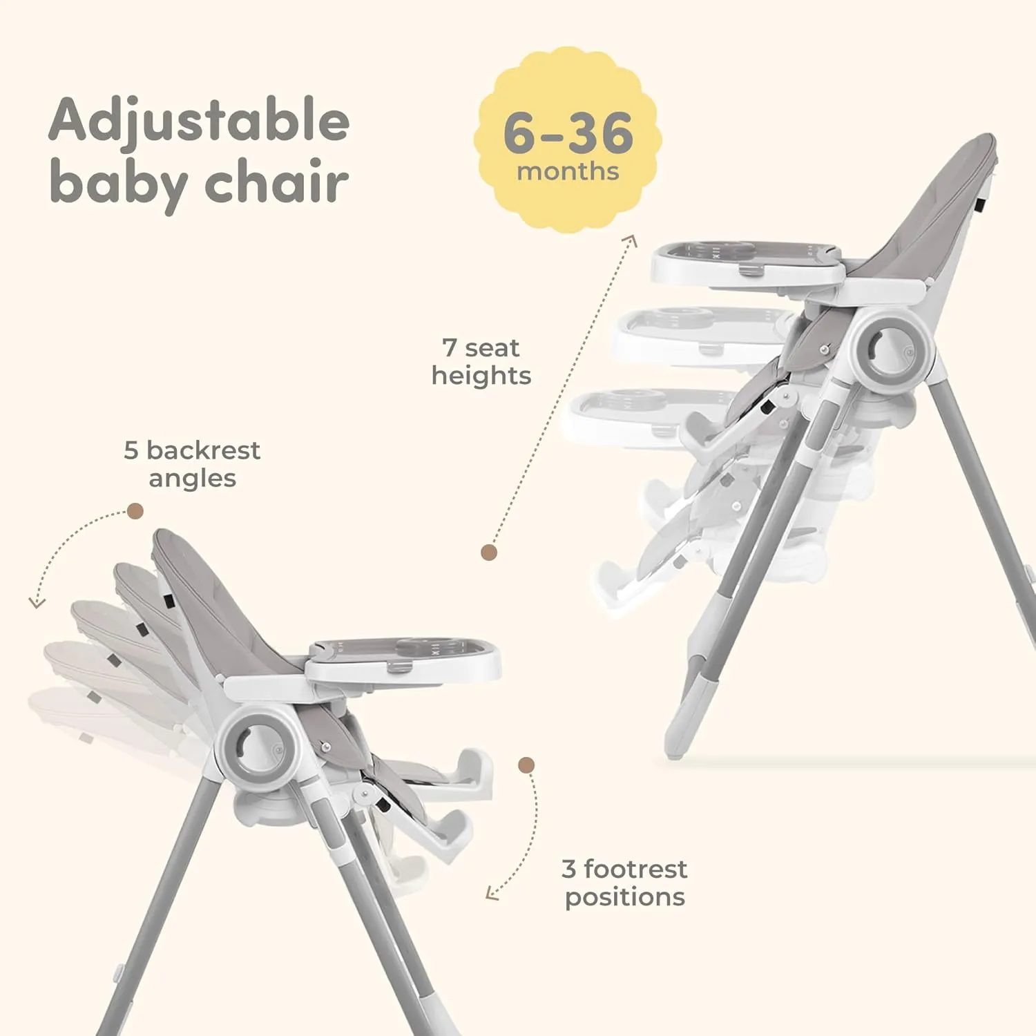 Sweety Fox Baby High Chair Adjustable to 7 Different Heights - Grey Baby Chair - Silla para Comer de Bebe - Foldable High Chairs for Babies and Toddlers