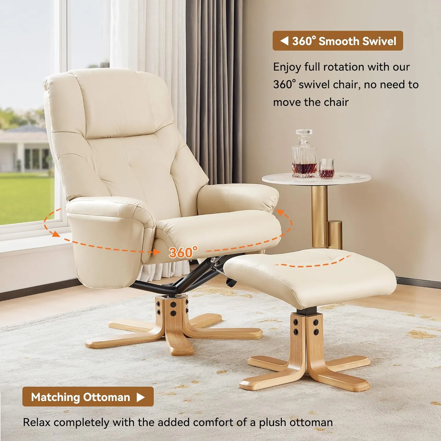Swivel Recliner Chair with Ottoman, Stylish Faux Leather Recliner Chairs for Adults, 360° Swivel Reclining Chair for Living Room, Study, RV Recliners, Recliner Chairs for Adults, Cream