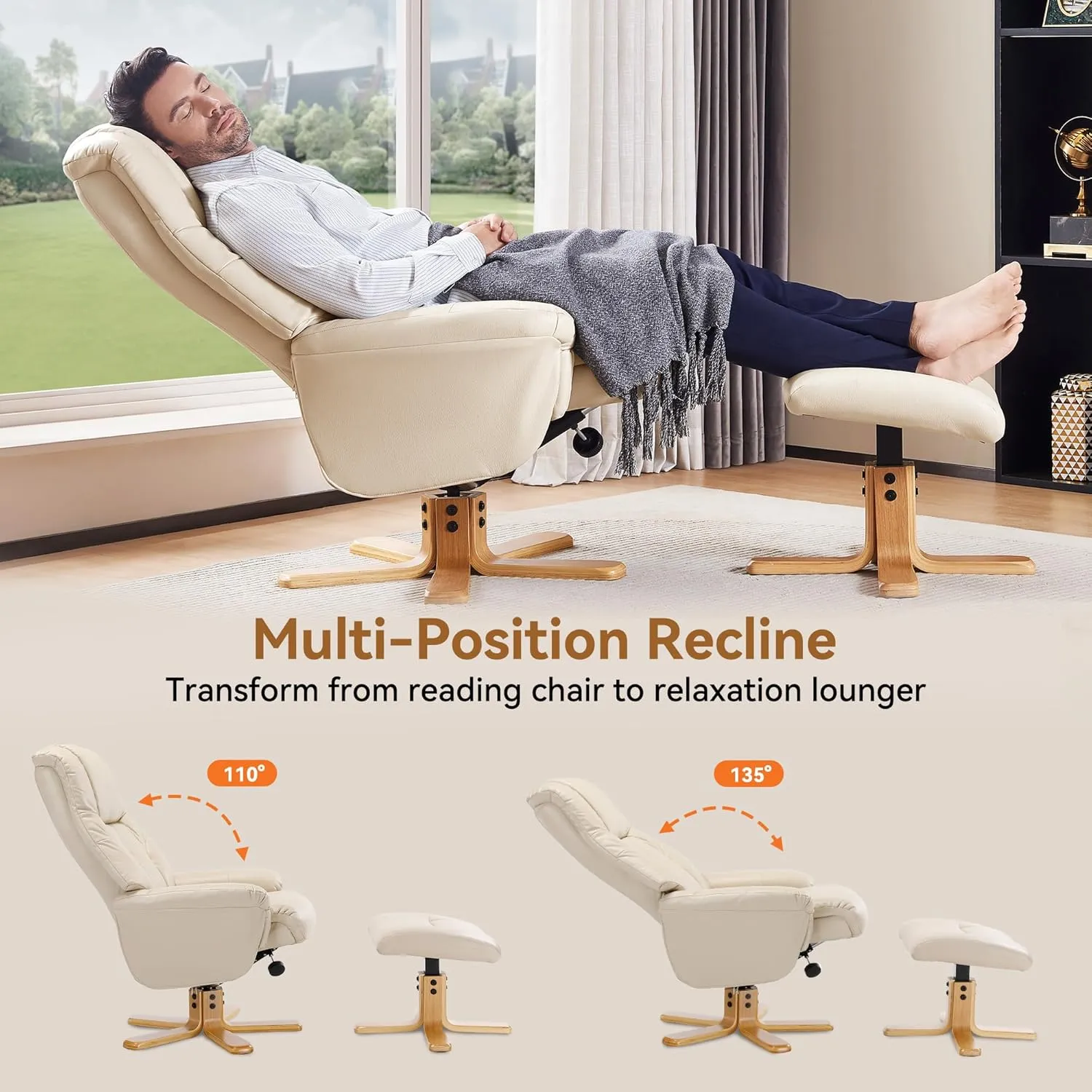 Swivel Recliner Chair with Ottoman, Stylish Faux Leather Recliner Chairs for Adults, 360° Swivel Reclining Chair for Living Room, Study, RV Recliners, Recliner Chairs for Adults, Cream