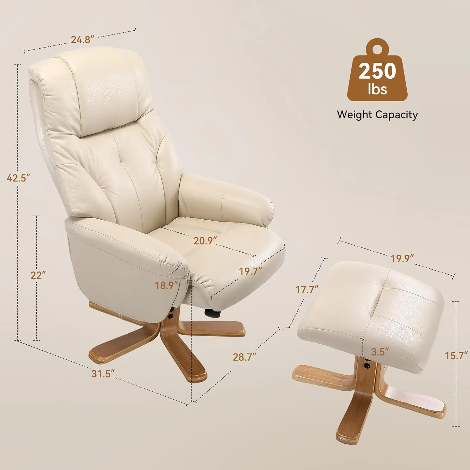 Swivel Recliner Chair with Ottoman, Stylish Faux Leather Recliner Chairs for Adults, 360° Swivel Reclining Chair for Living Room, Study, RV Recliners, Recliner Chairs for Adults, Cream