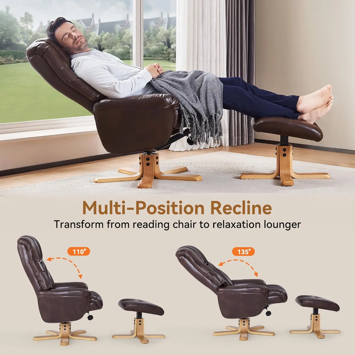 Swivel Recliner Chair with Ottoman, Stylish Faux Leather Reclining Chair for Adults, 360° Swivel, Small Recliners for Small Spaces, Chairs for Living Room, Study, RV Recliners (Brown)