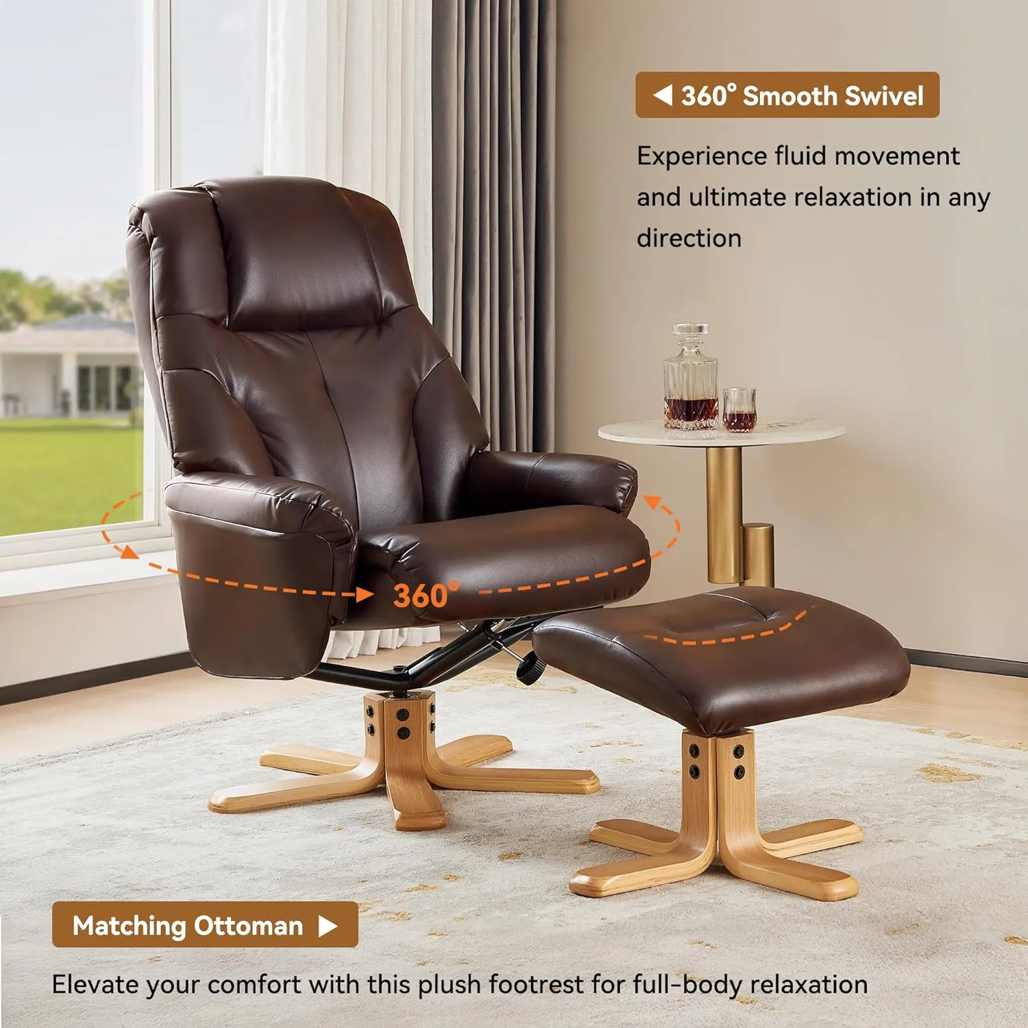 Swivel Recliner Chair with Ottoman, Stylish Faux Leather Reclining Chair for Adults, 360° Swivel, Small Recliners for Small Spaces, Chairs for Living Room, Study, RV Recliners (Brown)