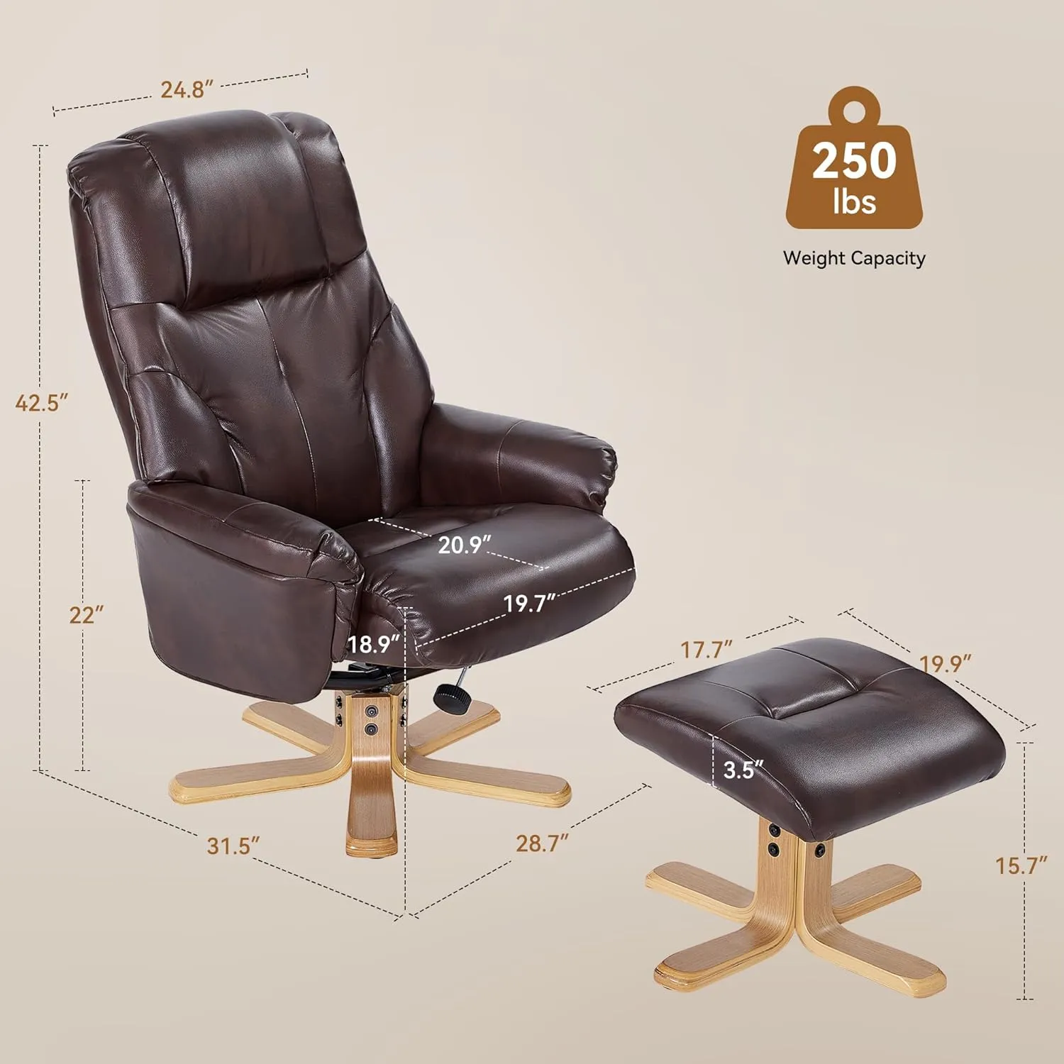 Swivel Recliner Chair with Ottoman, Stylish Faux Leather Reclining Chair for Adults, 360° Swivel, Small Recliners for Small Spaces, Chairs for Living Room, Study, RV Recliners (Brown)