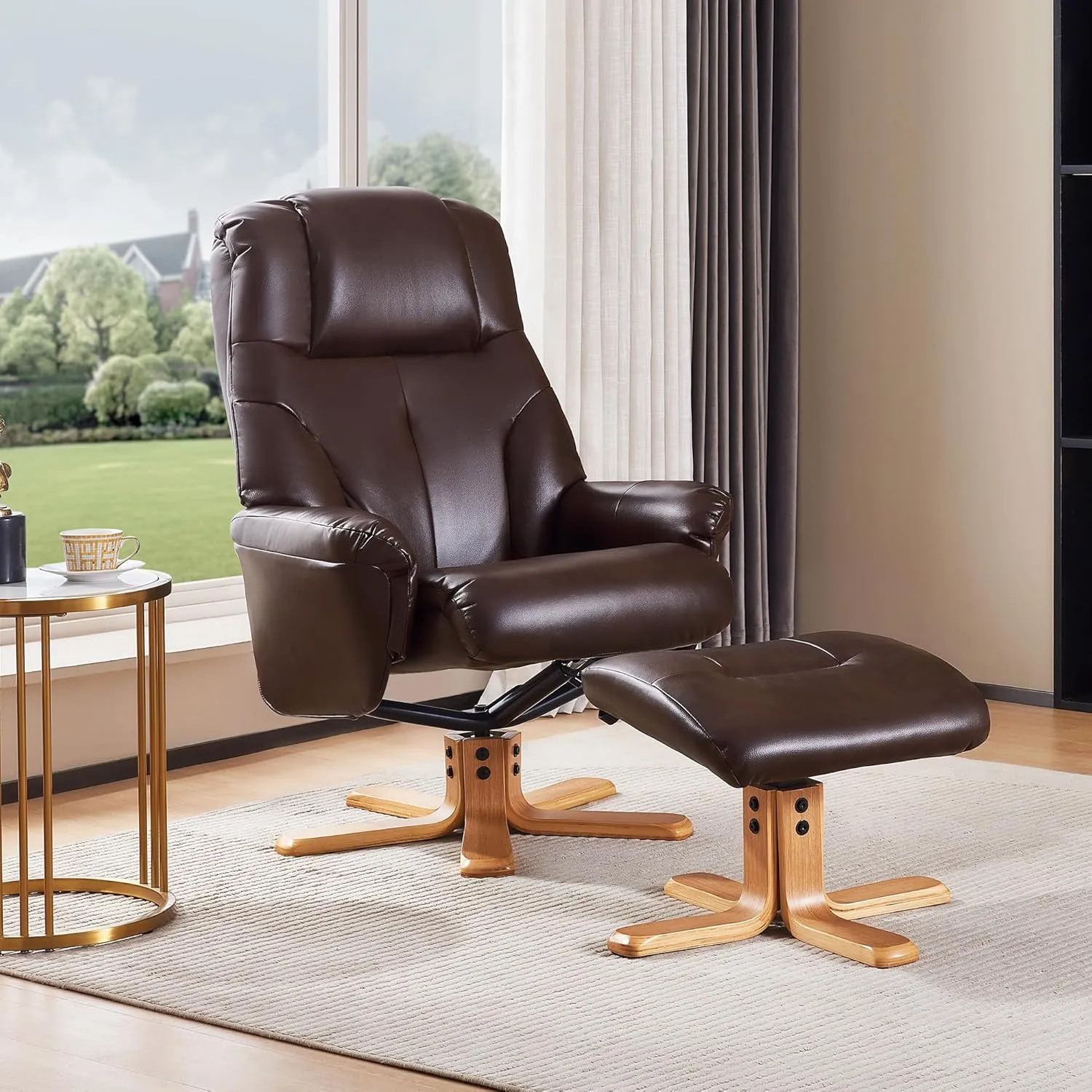 Swivel Recliner Chair with Ottoman, Stylish Faux Leather Reclining Chair for Adults, 360° Swivel, Small Recliners for Small Spaces, Chairs for Living Room, Study, RV Recliners (Brown)