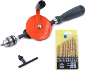 Swpeet Powerful Speedy Hand Drill 1/4-Inch Capacity with 13Pcs Drill Bit Set, Mini Hand Drill Manual ¼ inch with Finely Cast Steel Double Pinions Design, Chucks and Grip Handle for Woods, Plastics
