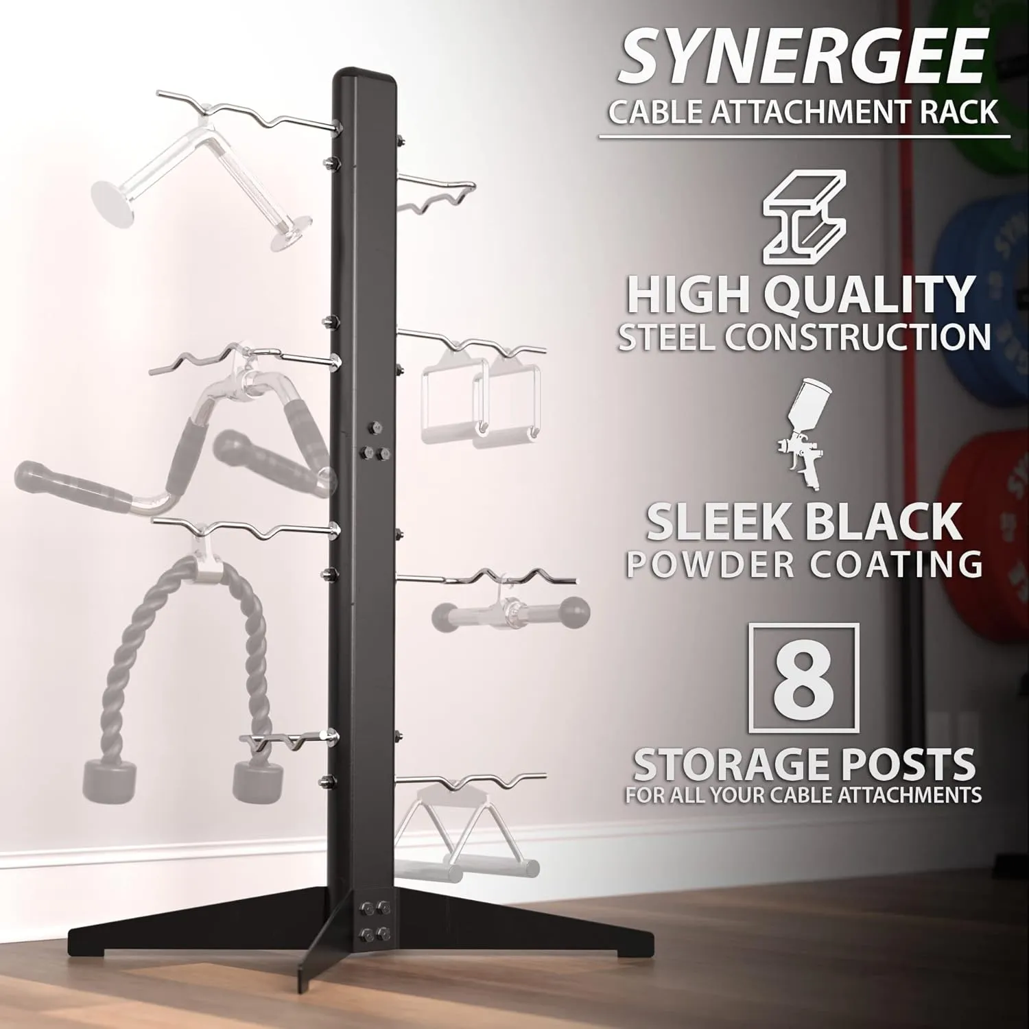Synergee Cable Attachment Rack. Free-Standing or Wall Mounted Storage Rack. Multi-Use Storage Posts for Exercise Attachments.