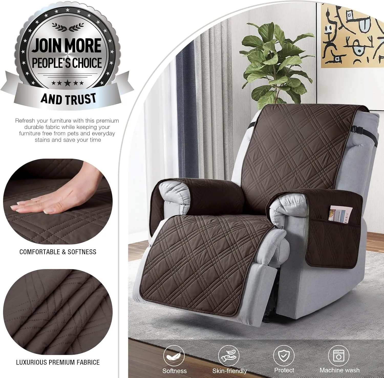TAOCOCO 100% Waterproof Recliner Chair Cover, Non Slip Covers for Recliner Chair with Pocket, Washable Reclining Chair/Furniture Protector for Kids, Pets(23.6'', Chocolate)