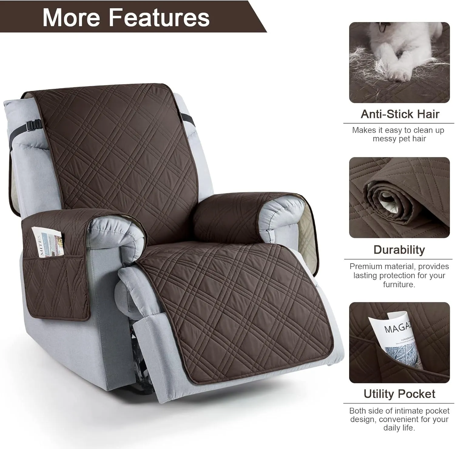 TAOCOCO 100% Waterproof Recliner Chair Cover, Non Slip Covers for Recliner Chair with Pocket, Washable Reclining Chair/Furniture Protector for Kids, Pets(23.6'', Chocolate)