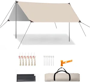 Tarp Tent Tarpaulin Waterproof 3X3m with Support Rod Pegs and Nylon Cord Ultralight Multifunctional UV Protection Tarpaulin Suitable for Tents Outdoor Beach Picnic