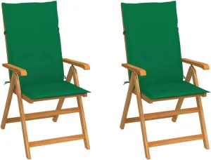 Teak Wood Patio Chairs with Green Cushions, 2-Piece Outdoor Furniture Set, Foldable Reclining Lounge Chairs for Garden, Poolside, and Backyard