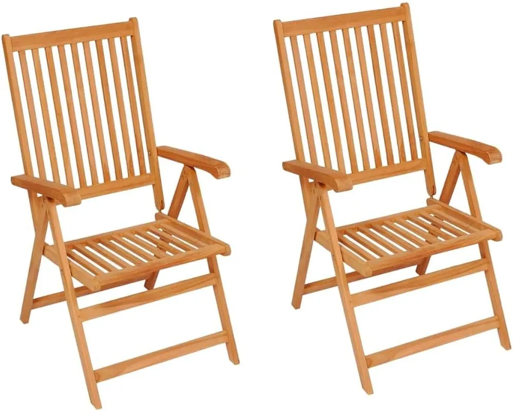 Teak Wood Patio Chairs with Green Cushions, 2-Piece Outdoor Furniture Set, Foldable Reclining Lounge Chairs for Garden, Poolside, and Backyard