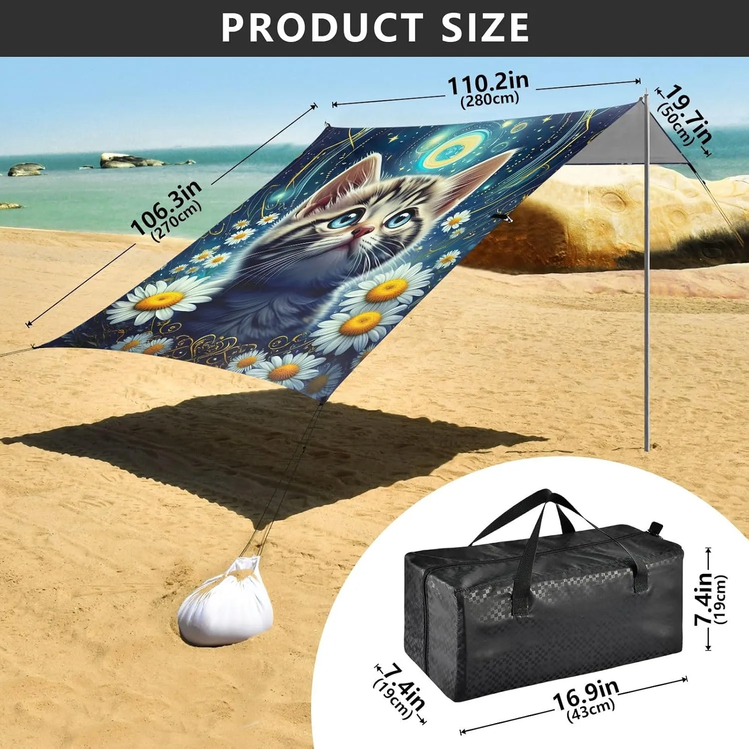 Tent Beach Canopy Cute Kitten Starry Night Sky Outdoor Patio Shade Cute 9.2 × 10.5 FT Shades Sand Camping Sun Shelter Canopies with Anchor Poles Easy up