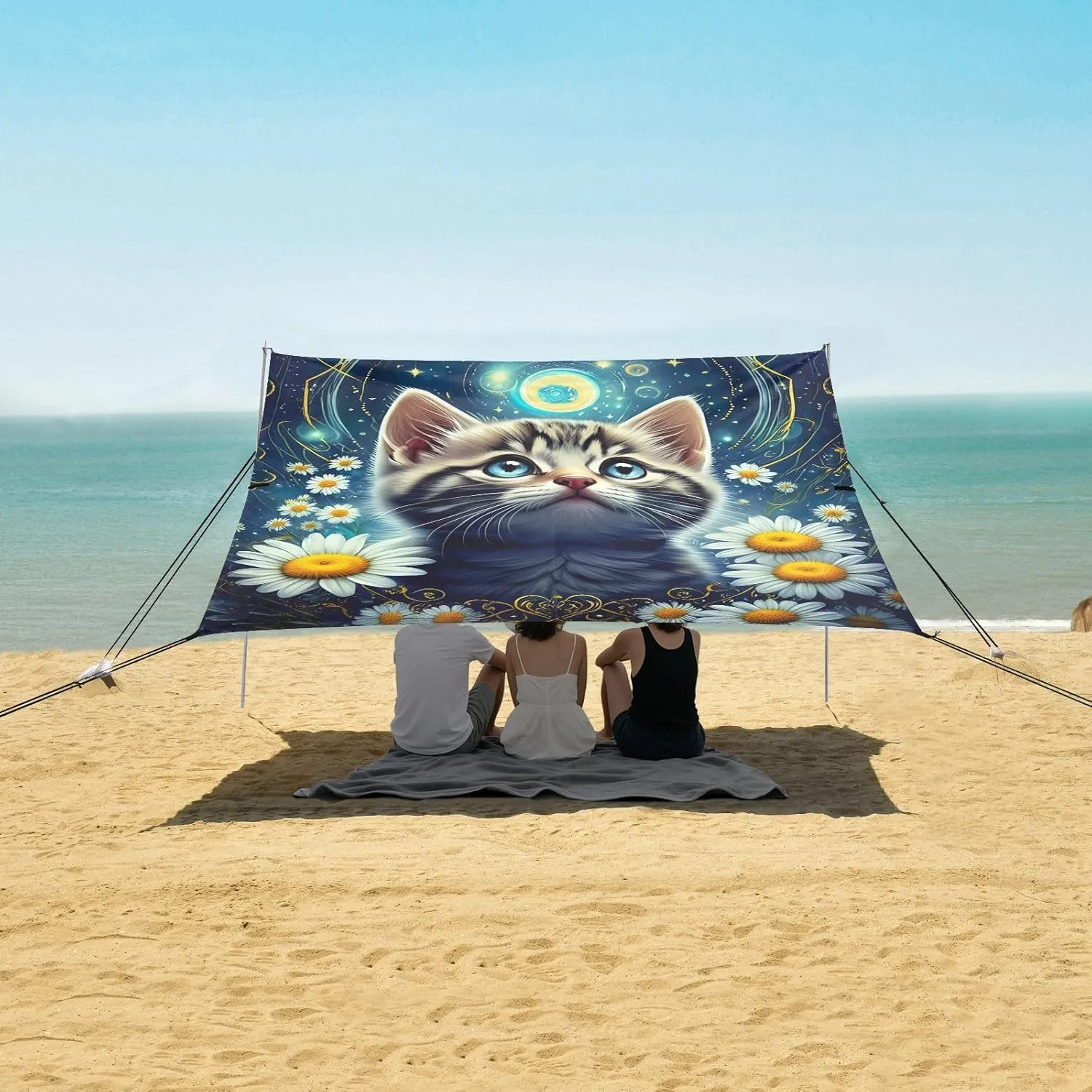 Tent Beach Canopy Cute Kitten Starry Night Sky Outdoor Patio Shade Cute 9.2 × 10.5 FT Shades Sand Camping Sun Shelter Canopies with Anchor Poles Easy up