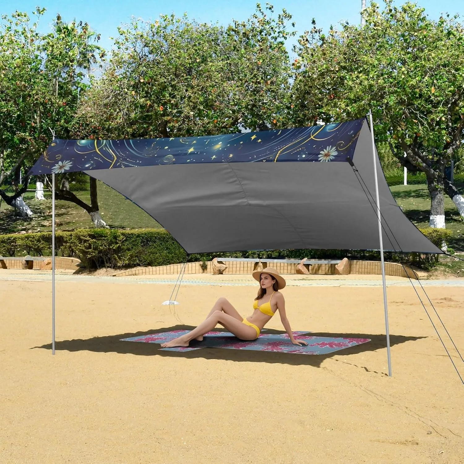 Tent Beach Canopy Cute Kitten Starry Night Sky Outdoor Patio Shade Cute 9.2 × 10.5 FT Shades Sand Camping Sun Shelter Canopies with Anchor Poles Easy up