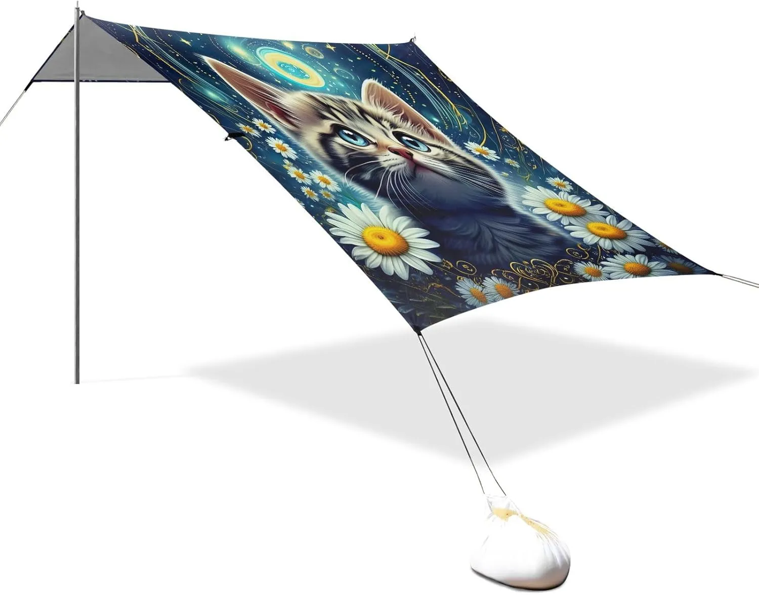 Tent Beach Canopy Cute Kitten Starry Night Sky Outdoor Patio Shade Cute 9.2 × 10.5 FT Shades Sand Camping Sun Shelter Canopies with Anchor Poles Easy up