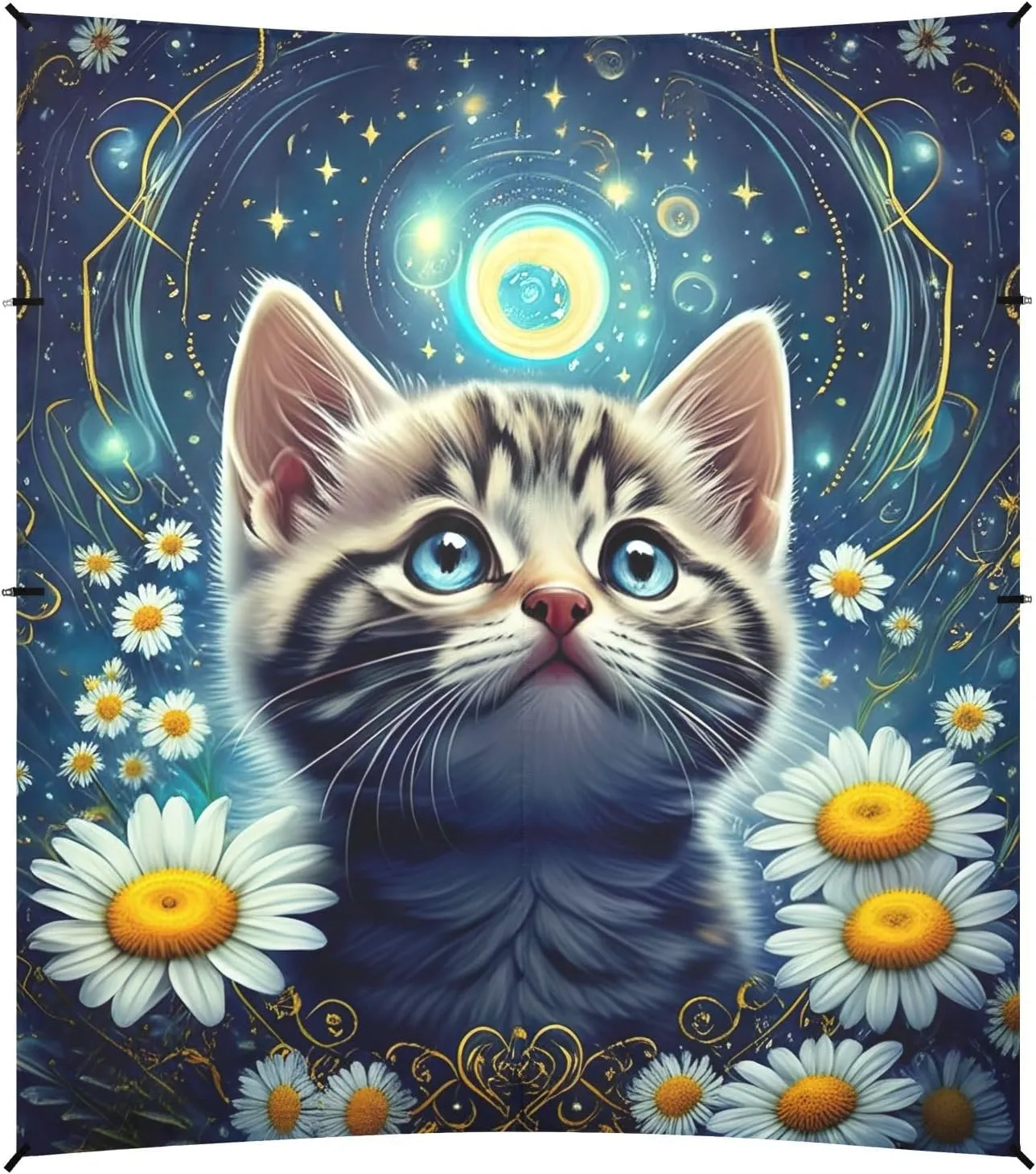 Tent Beach Canopy Cute Kitten Starry Night Sky Outdoor Patio Shade Cute 9.2 × 10.5 FT Shades Sand Camping Sun Shelter Canopies with Anchor Poles Easy up