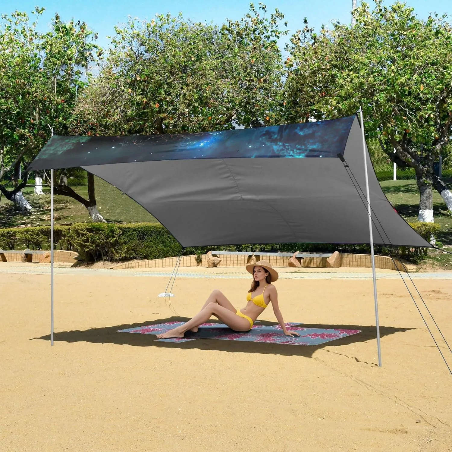 Tent Beach Canopy Mystical Forest Entrance Outdoor Patio Sun Shade 9.2 × 10.5 FT Outside Travel Camping Sun Shelter Sunshade with Poles Sandbags Easy