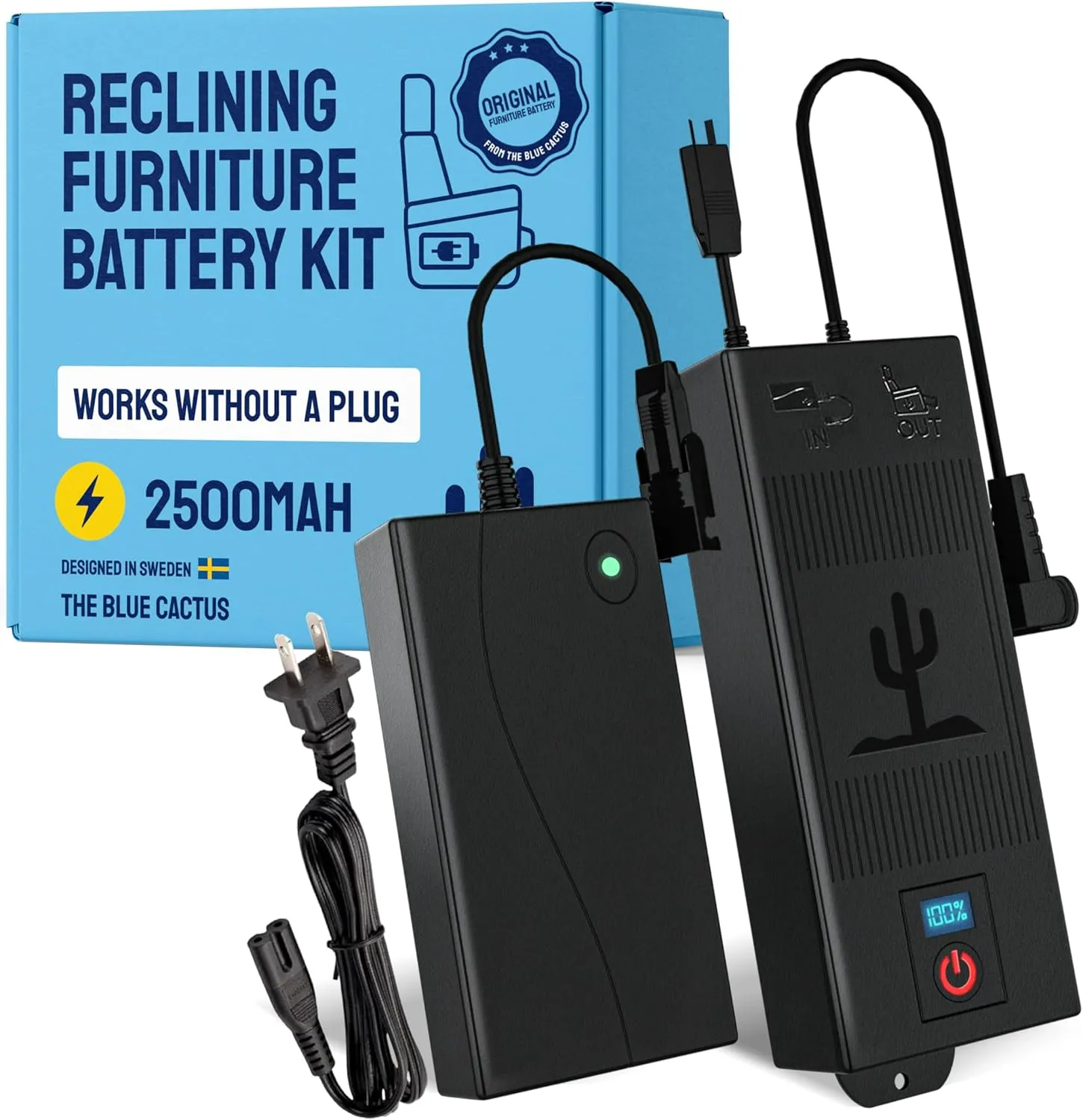 The Blue Cactus Universal Battery Pack for Reclining Furniture with LCD Display- Wireless 2500mAh Rechargeable Battery for Electric Recliner, Power Sofa, Couch, Lift Chair- Fits 2-Pin Motion Furniture