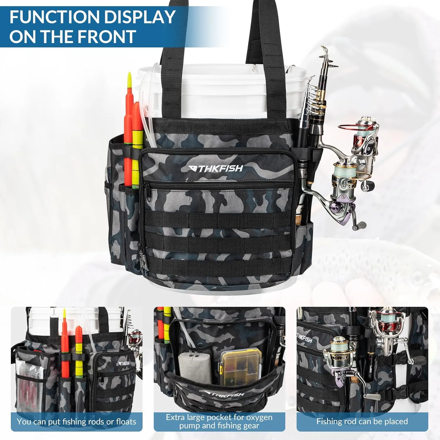 THKFISH Fishing Bucket Organizer for 5 Gallon Bucket, Ice Fishing Bucket Bag with Rod & Plier Holder, Adjustable Fish Protection Bucket Bag with Multi-Pockets for Fishing Gear