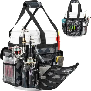 THKFISH Fishing Bucket Organizer for 5 Gallon Bucket, Ice Fishing Bucket Bag with Rod & Plier Holder, Adjustable Fish Protection Bucket Bag with Multi-Pockets for Fishing Gear