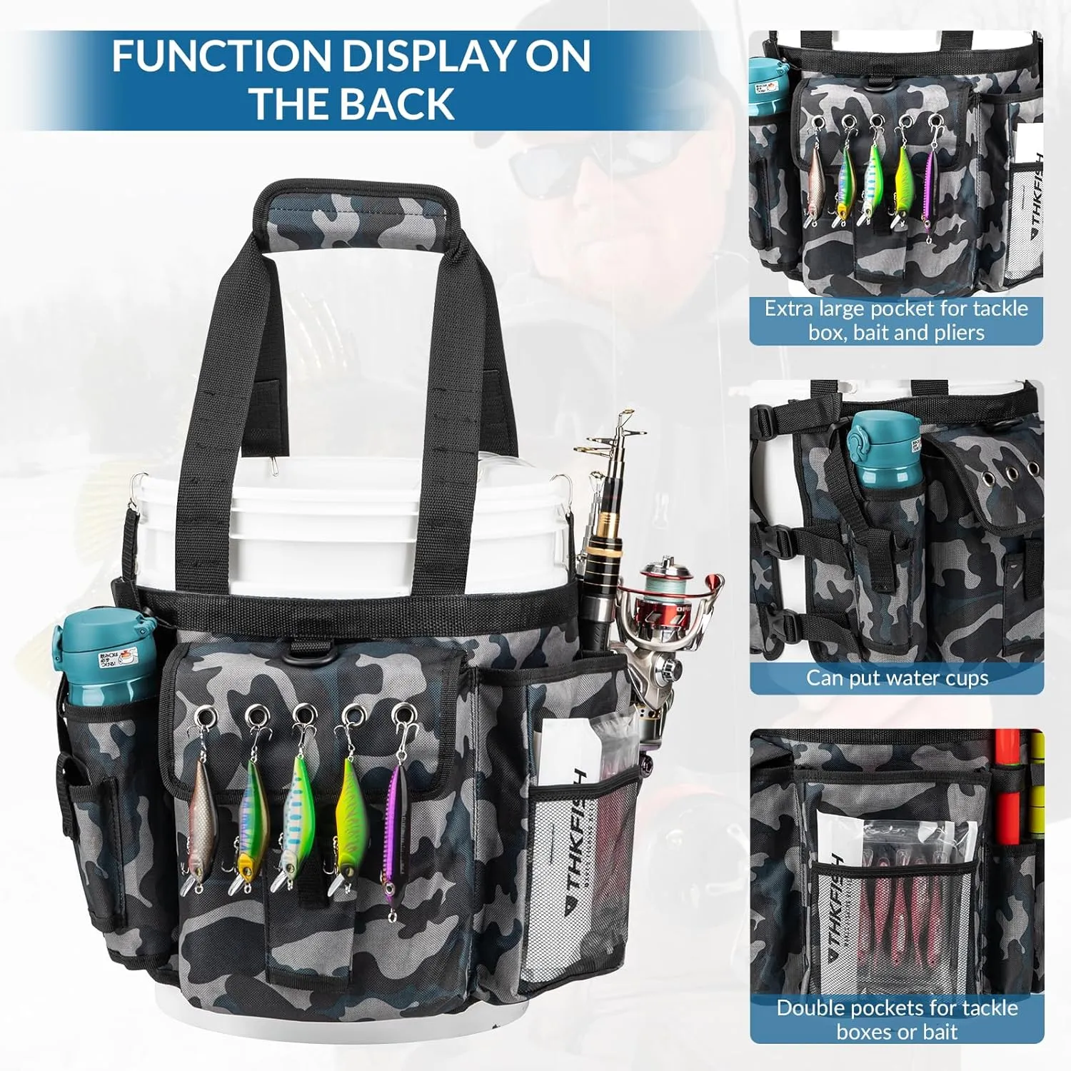 THKFISH Fishing Bucket Organizer for 5 Gallon Bucket, Ice Fishing Bucket Bag with Rod & Plier Holder, Adjustable Fish Protection Bucket Bag with Multi-Pockets for Fishing Gear