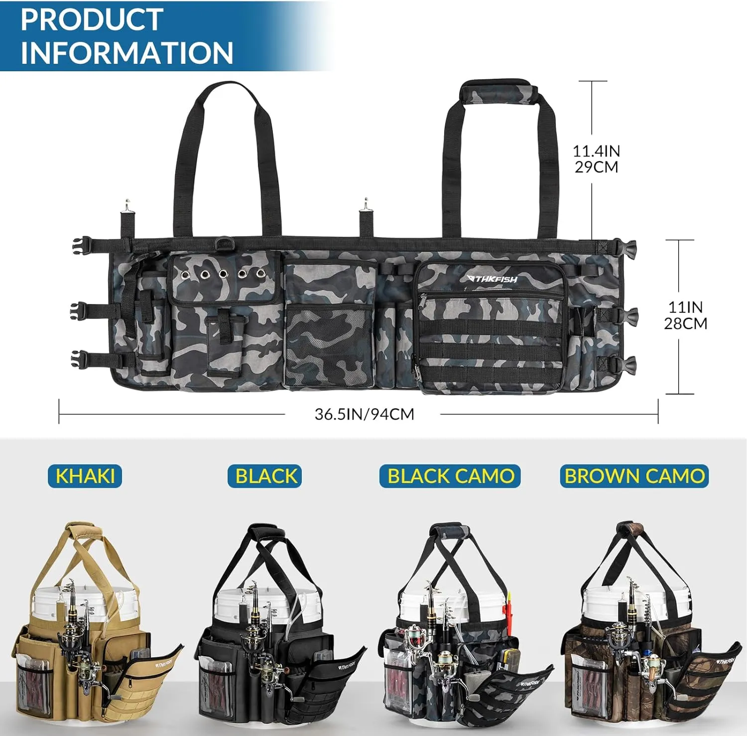 THKFISH Fishing Bucket Organizer for 5 Gallon Bucket, Ice Fishing Bucket Bag with Rod & Plier Holder, Adjustable Fish Protection Bucket Bag with Multi-Pockets for Fishing Gear