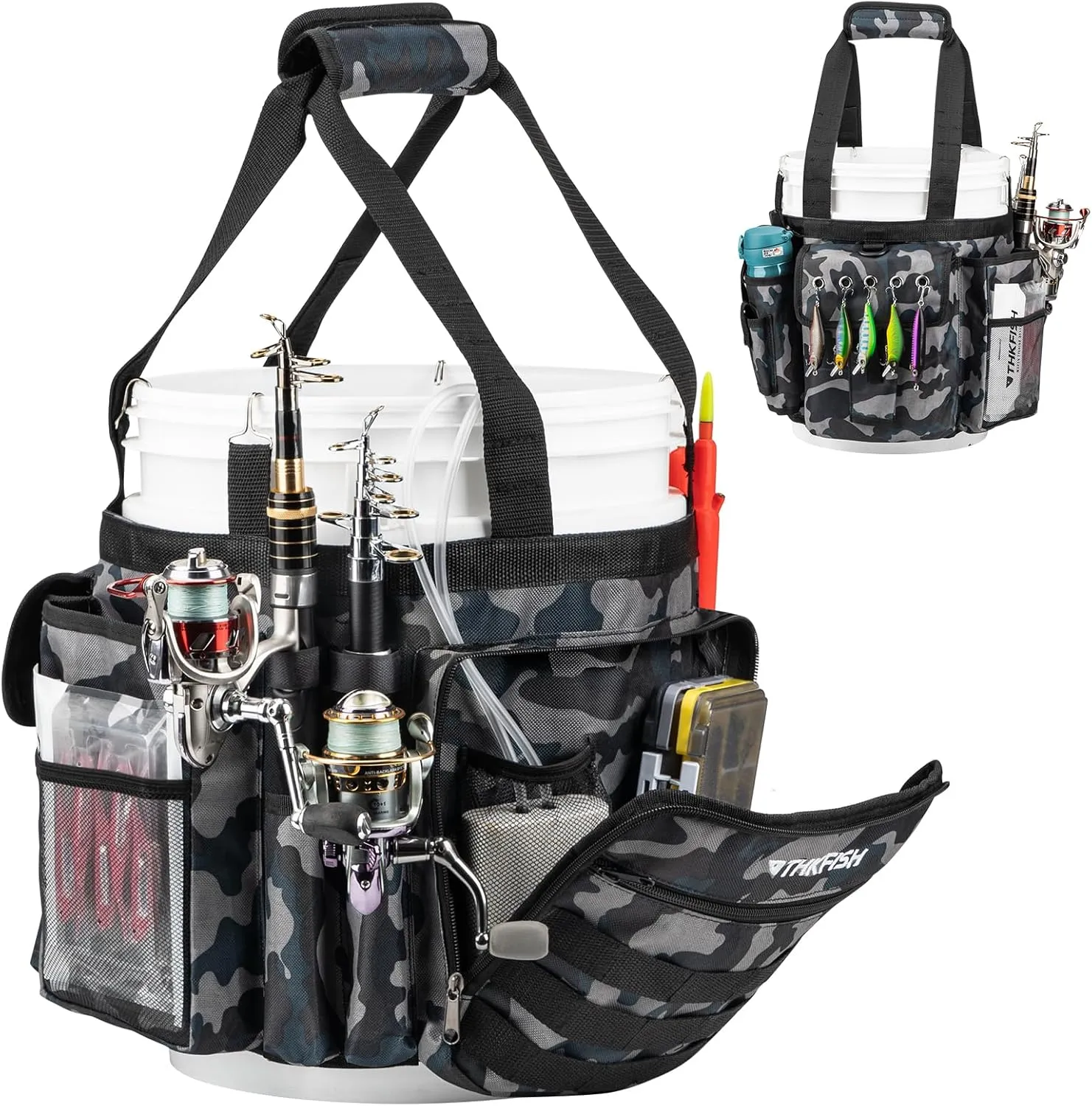 THKFISH Fishing Bucket Organizer for 5 Gallon Bucket, Ice Fishing Bucket Bag with Rod & Plier Holder, Adjustable Fish Protection Bucket Bag with Multi-Pockets for Fishing Gear