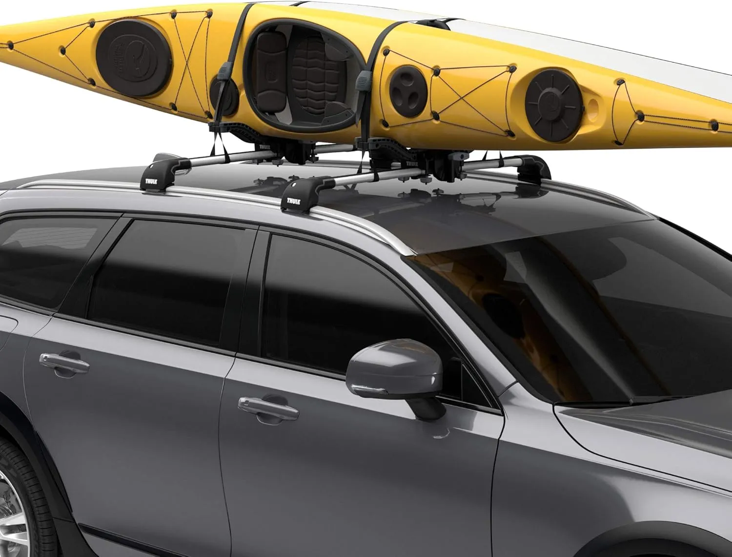 Thule Compass Kayak and SUP roof rack - Carries 2 kayaks or 2 SUPs - J-style carrier - Universal mounting hardware included - Fits 36" wide kayaks and SUPs - 130lb weight limit
