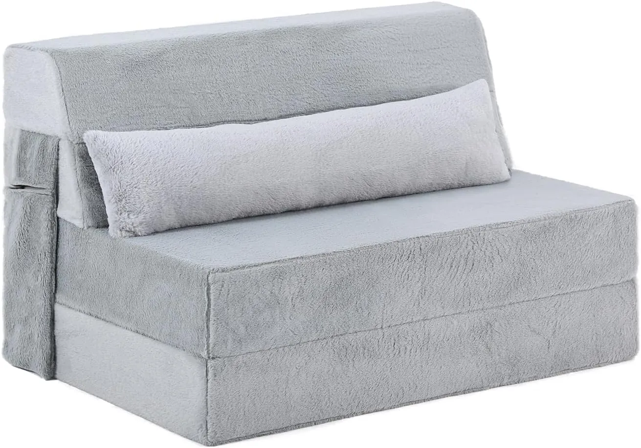 Tiita Folding Sofa Bed with Pillow Twin Size Mattress&Plush Fabric with Portable Storage Bag,Floor Lounger Chair Bed for Living Room,Guest Room,Dorm,Apartment,Upstairs Loft,Home Office,White Gray