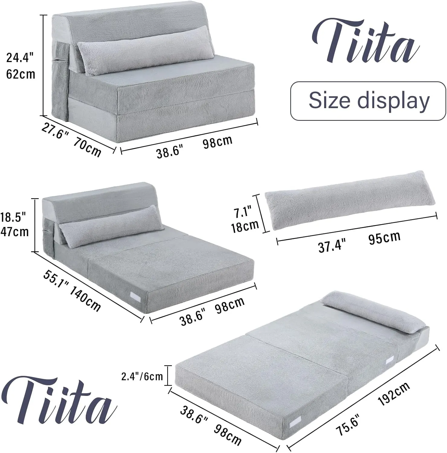 Tiita Folding Sofa Bed with Pillow Twin Size Mattress&Plush Fabric with Portable Storage Bag,Floor Lounger Chair Bed for Living Room,Guest Room,Dorm,Apartment,Upstairs Loft,Home Office,White Gray
