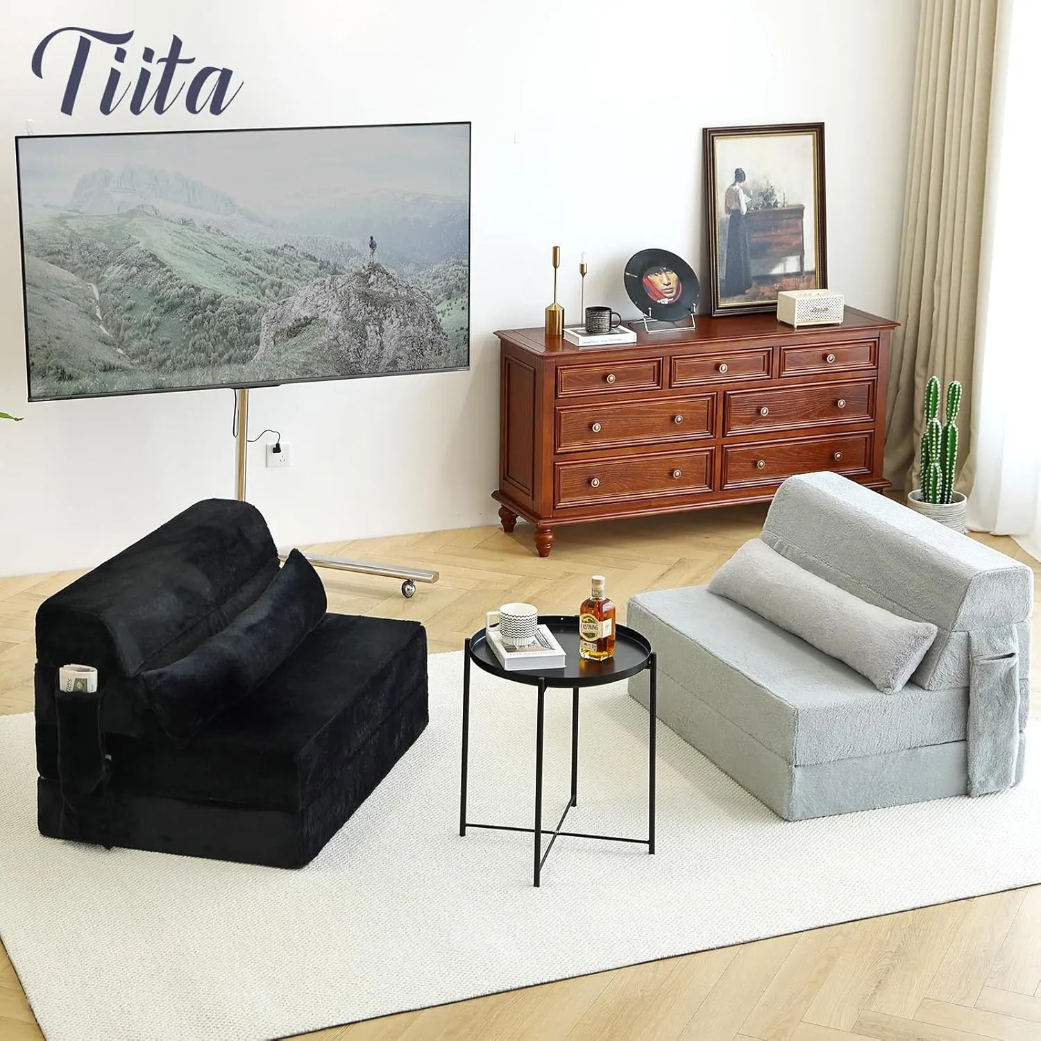 Tiita Folding Sofa Bed with Pillow Twin Size Mattress&Plush Fabric with Portable Storage Bag,Floor Lounger Chair Bed for Living Room,Guest Room,Dorm,Apartment,Upstairs Loft,Home Office,White Gray