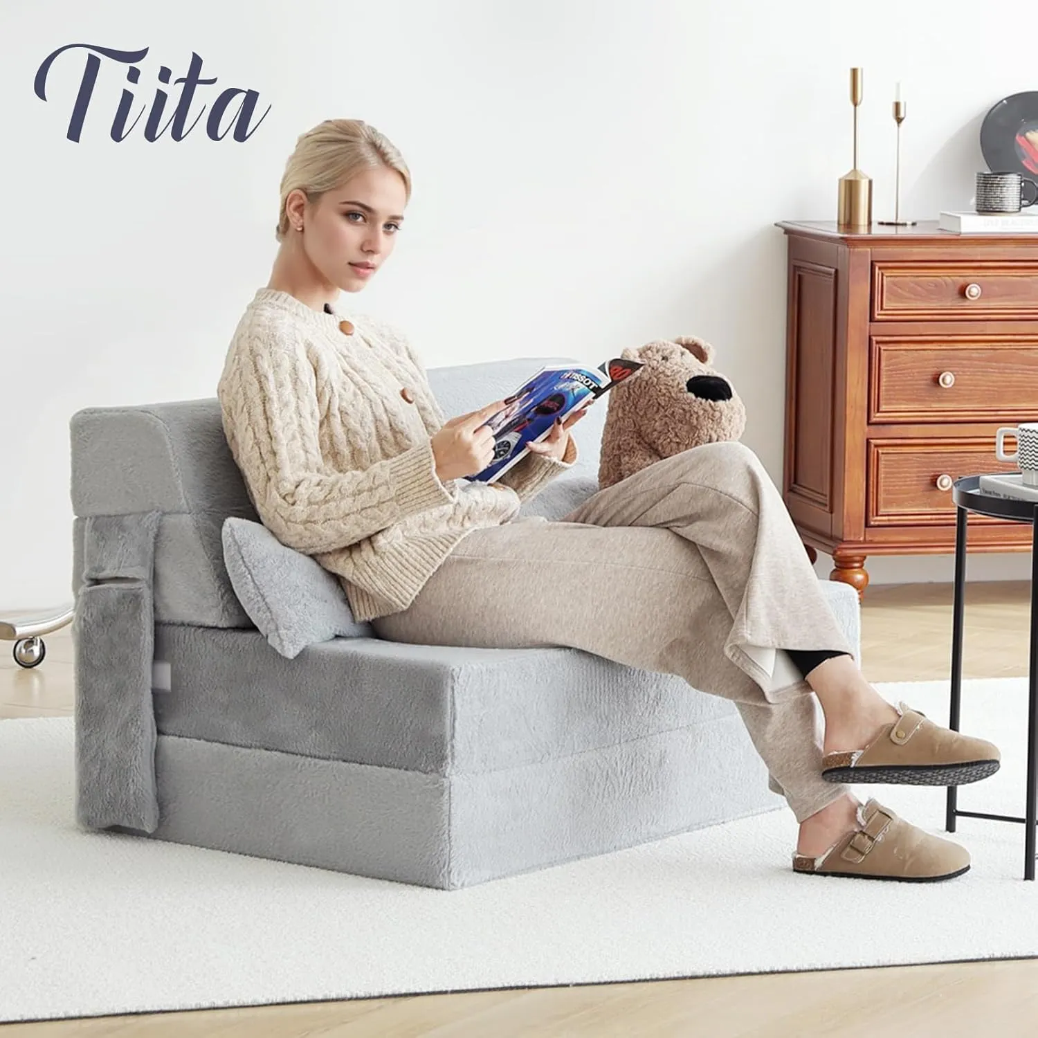 Tiita Folding Sofa Bed with Pillow Twin Size Mattress&Plush Fabric with Portable Storage Bag,Floor Lounger Chair Bed for Living Room,Guest Room,Dorm,Apartment,Upstairs Loft,Home Office,White Gray