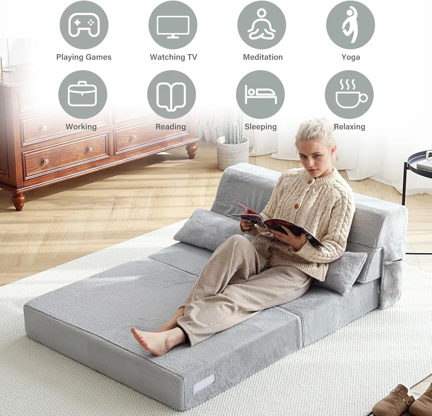Tiita Folding Sofa Bed with Pillow Twin Size Mattress&Plush Fabric with Portable Storage Bag,Floor Lounger Chair Bed for Living Room,Guest Room,Dorm,Apartment,Upstairs Loft,Home Office,White Gray