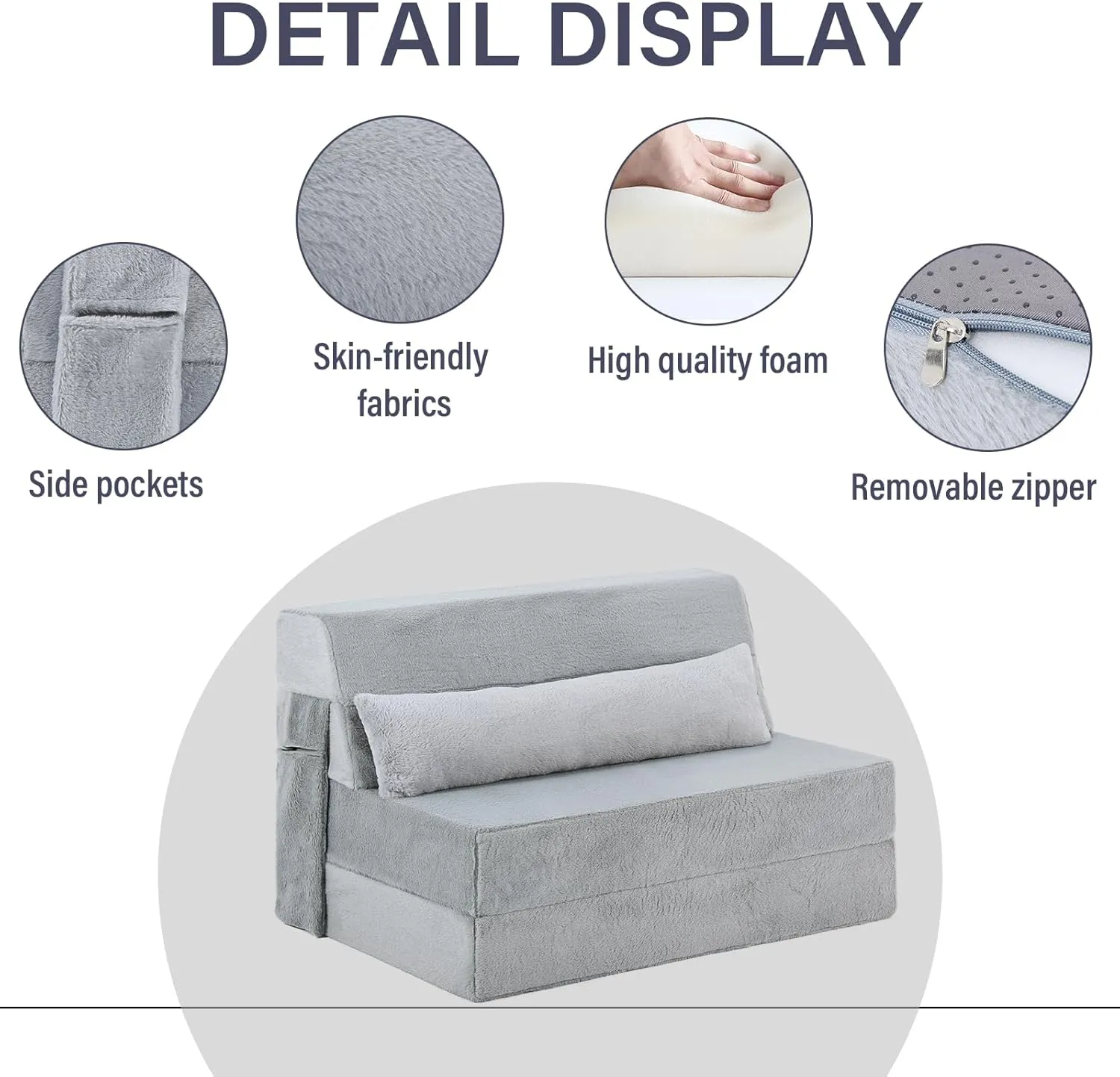 Tiita Folding Sofa Bed with Pillow Twin Size Mattress&Plush Fabric with Portable Storage Bag,Floor Lounger Chair Bed for Living Room,Guest Room,Dorm,Apartment,Upstairs Loft,Home Office,White Gray