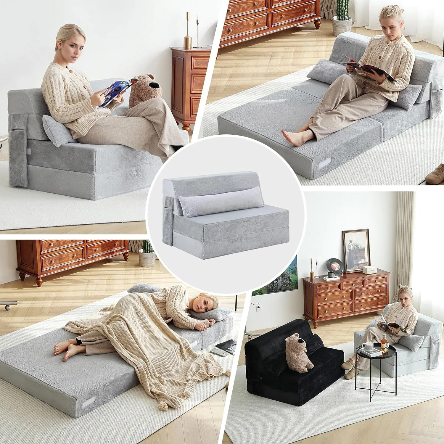 Tiita Folding Sofa Bed with Pillow Twin Size Mattress&Plush Fabric with Portable Storage Bag,Floor Lounger Chair Bed for Living Room,Guest Room,Dorm,Apartment,Upstairs Loft,Home Office,White Gray