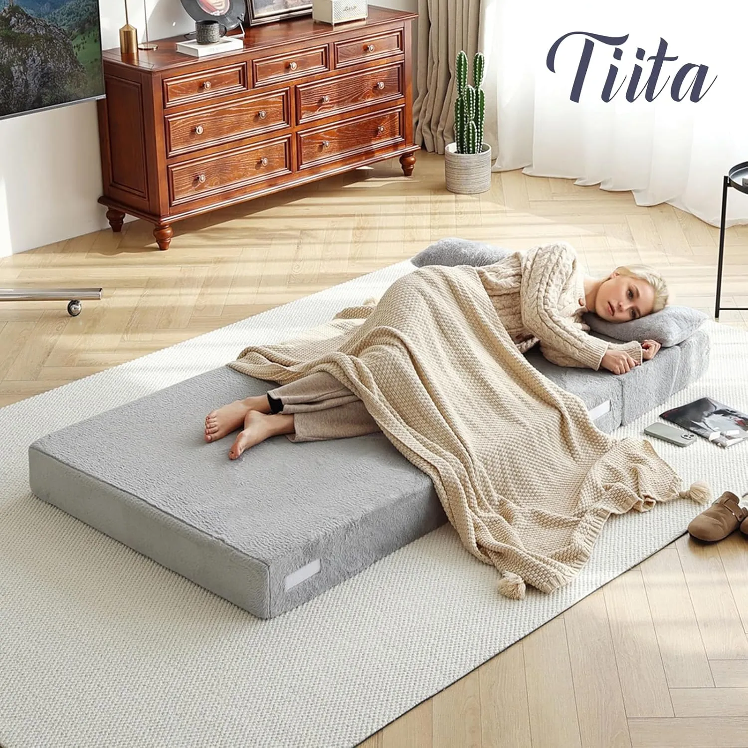 Tiita Folding Sofa Bed with Pillow Twin Size Mattress&Plush Fabric with Portable Storage Bag,Floor Lounger Chair Bed for Living Room,Guest Room,Dorm,Apartment,Upstairs Loft,Home Office,White Gray