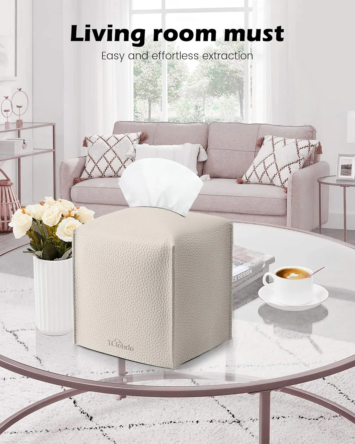 Tissue Box Cover for PU Leather, Modern Simple Solid Color Holder Square Tissue Bag, Ideal for Bathrooms,Office,Car,Outdoor Tent,Dining Table,5"X5"X5", Double Off-White