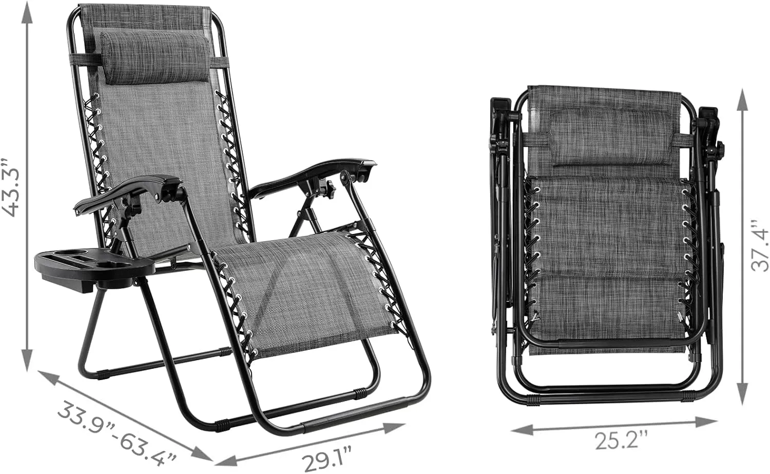 TLSUNNY Zero Gravity Chair Set of 2, Outdoor Folding Lounge W/Detachable Headrest & Holder Tray, Adjustable Textilene Lawn Reclining, No Assembly Required, for Patio, Backyard, Garden, 330LBS (Grey)