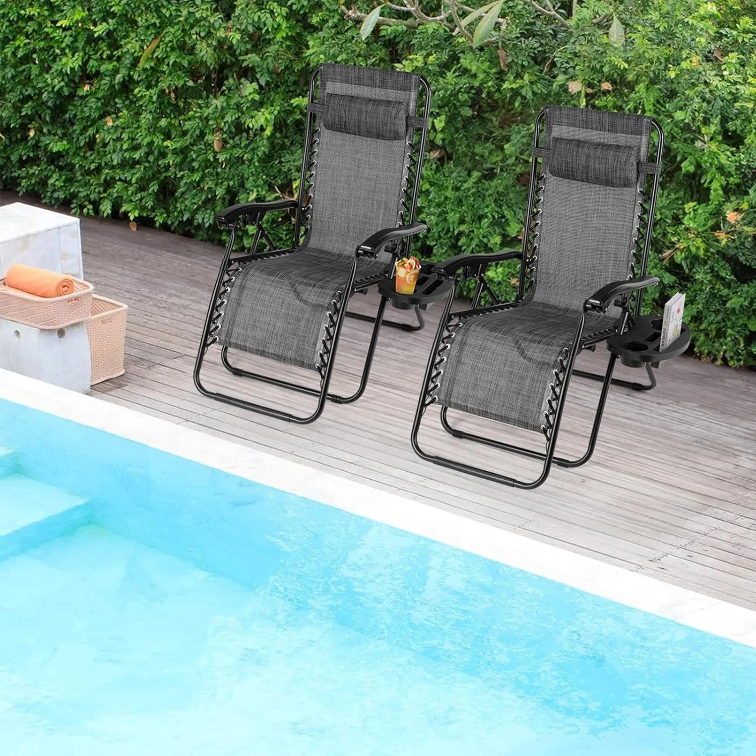 TLSUNNY Zero Gravity Chair Set of 2, Outdoor Folding Lounge W/Detachable Headrest & Holder Tray, Adjustable Textilene Lawn Reclining, No Assembly Required, for Patio, Backyard, Garden, 330LBS (Grey)