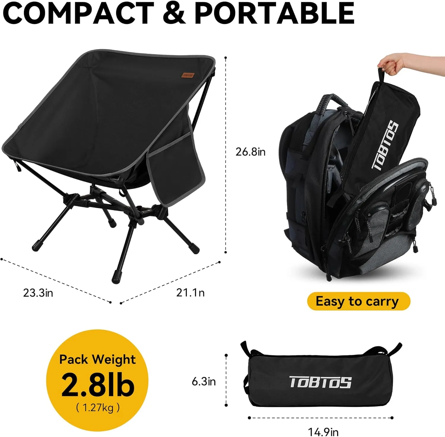 TOBTOS 2 Pack Ultralight Camping Chair, Portable Folding Backpacking Chair, Compact Camping Chair with Carry Bag for Outdoor Camp Hiking Backpack Beach Travel (Black)