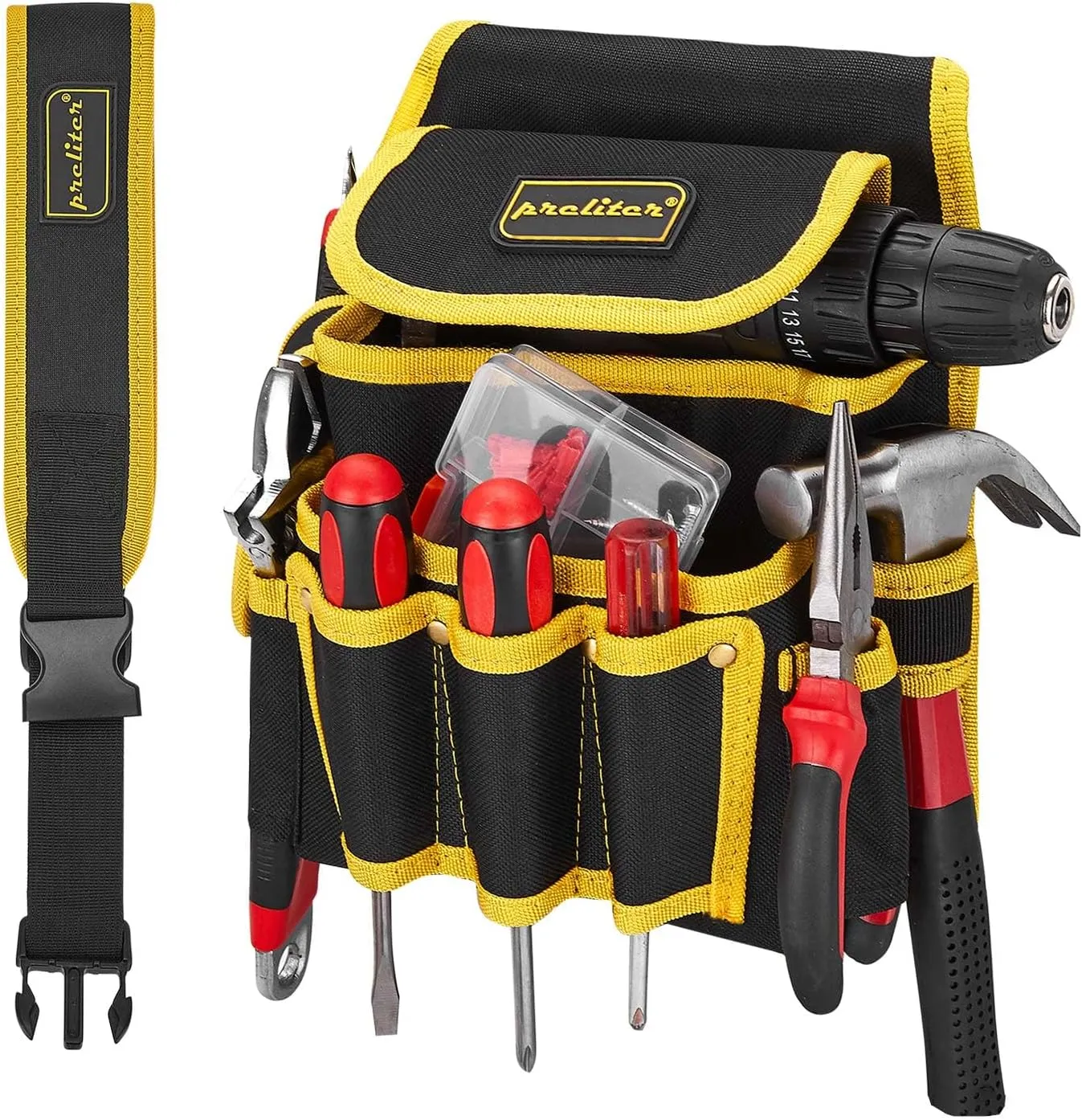 Tool Pouch with Belt, 9 Pocket Heavy Duty Tool Belt, Waterproof Electrician Tool Pouch,Utility Belt Single Side Belt Pouch for Electrician/Carpenter/Construction (Black Yellow)