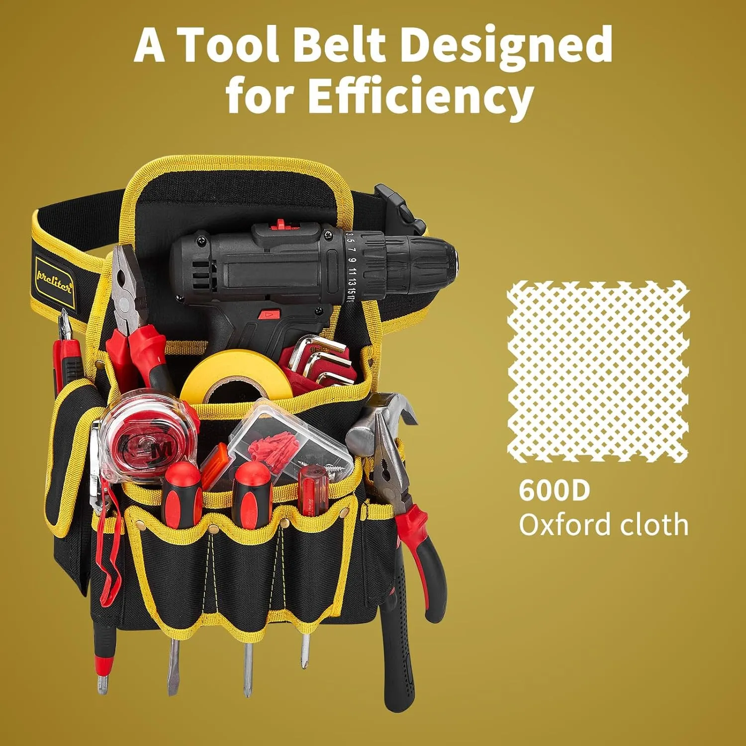 Tool Pouch with Belt, 9 Pocket Heavy Duty Tool Belt, Waterproof Electrician Tool Pouch,Utility Belt Single Side Belt Pouch for Electrician/Carpenter/Construction (Black Yellow)