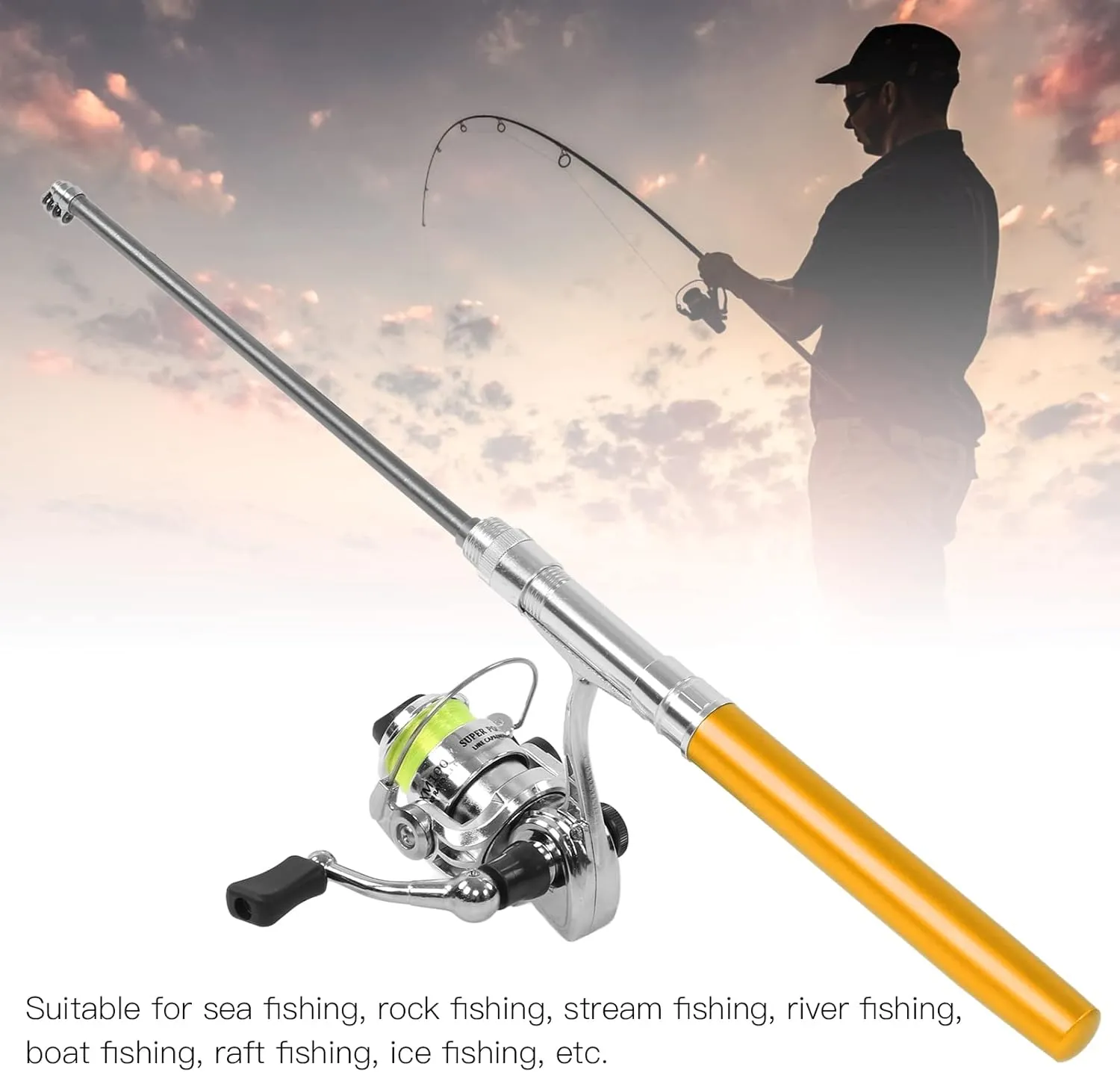 Topyond Fishing Rod and Reel Combos, Telescopic Fishing Rod Collapsible Fishing Pole Spinning Reel Portable 94cm/37.0in 4.3:1 Speed Ratio