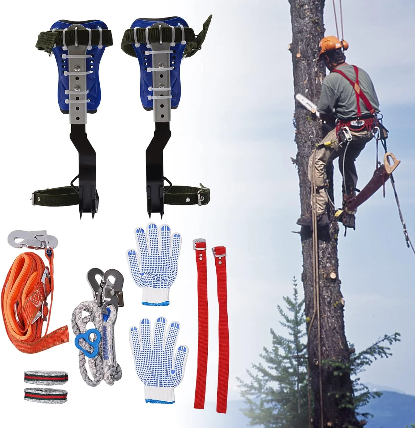 Tree Climbing Spikes Set, Tree Climbing Gear with Safety Belt and Gloves, Adjustable Tree Climbing Tool Non-Slip Pedal for Picking Fruit, Indoor and Outdoor Sports