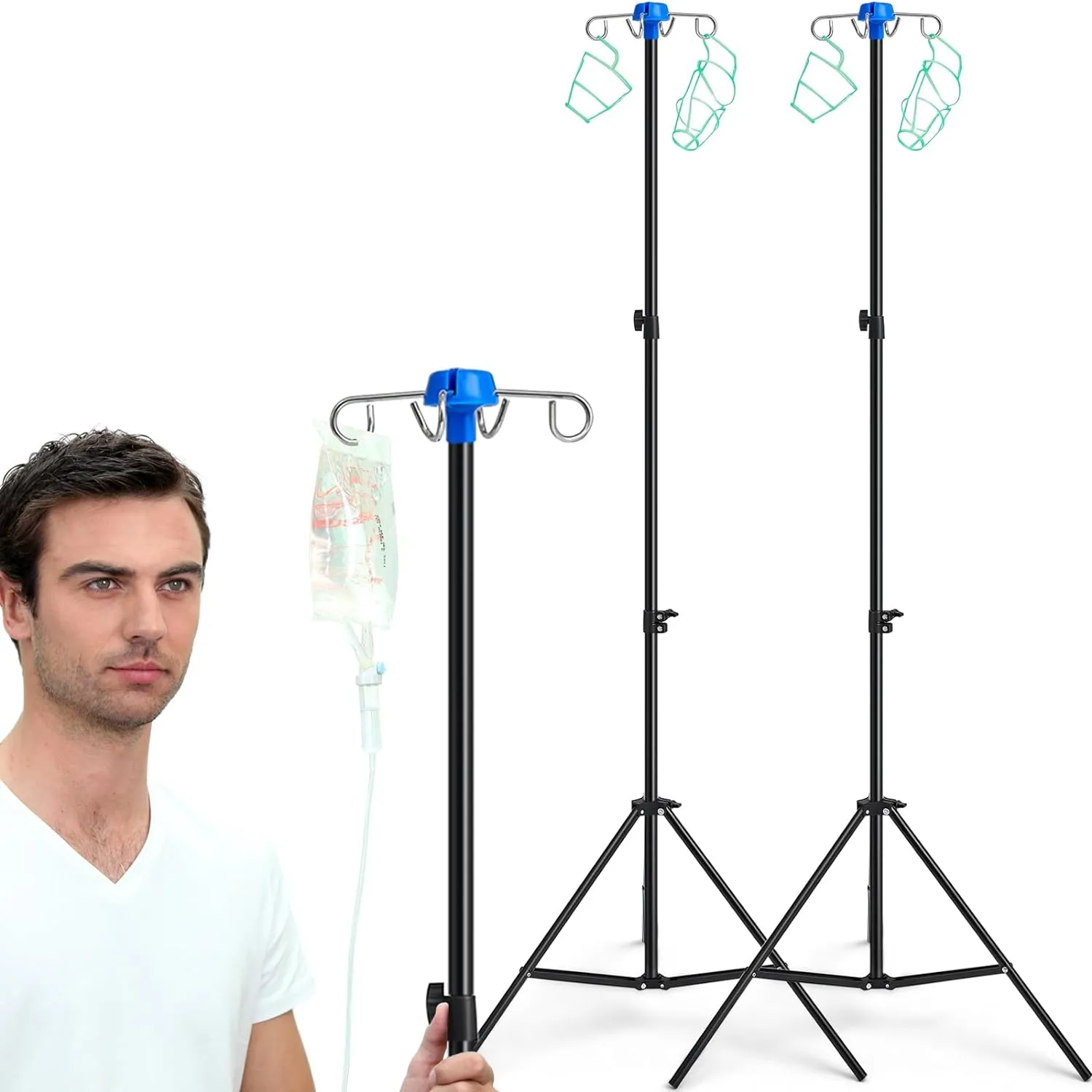 TrelaCo 2 Pcs Portable Collapsible IV Pole Drip Bag Stand Foldable Pole Stand, Aluminum Alloy, 4 Hooks 3 Legs, Adjustable Height for Hospitals Clinics Wheelchairs Beds